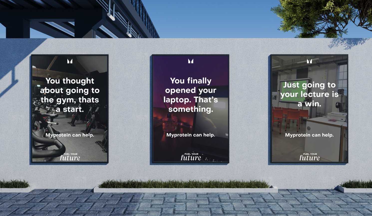 Three conceptual Fuel Your Future posters displayed together in an outdoor setting
