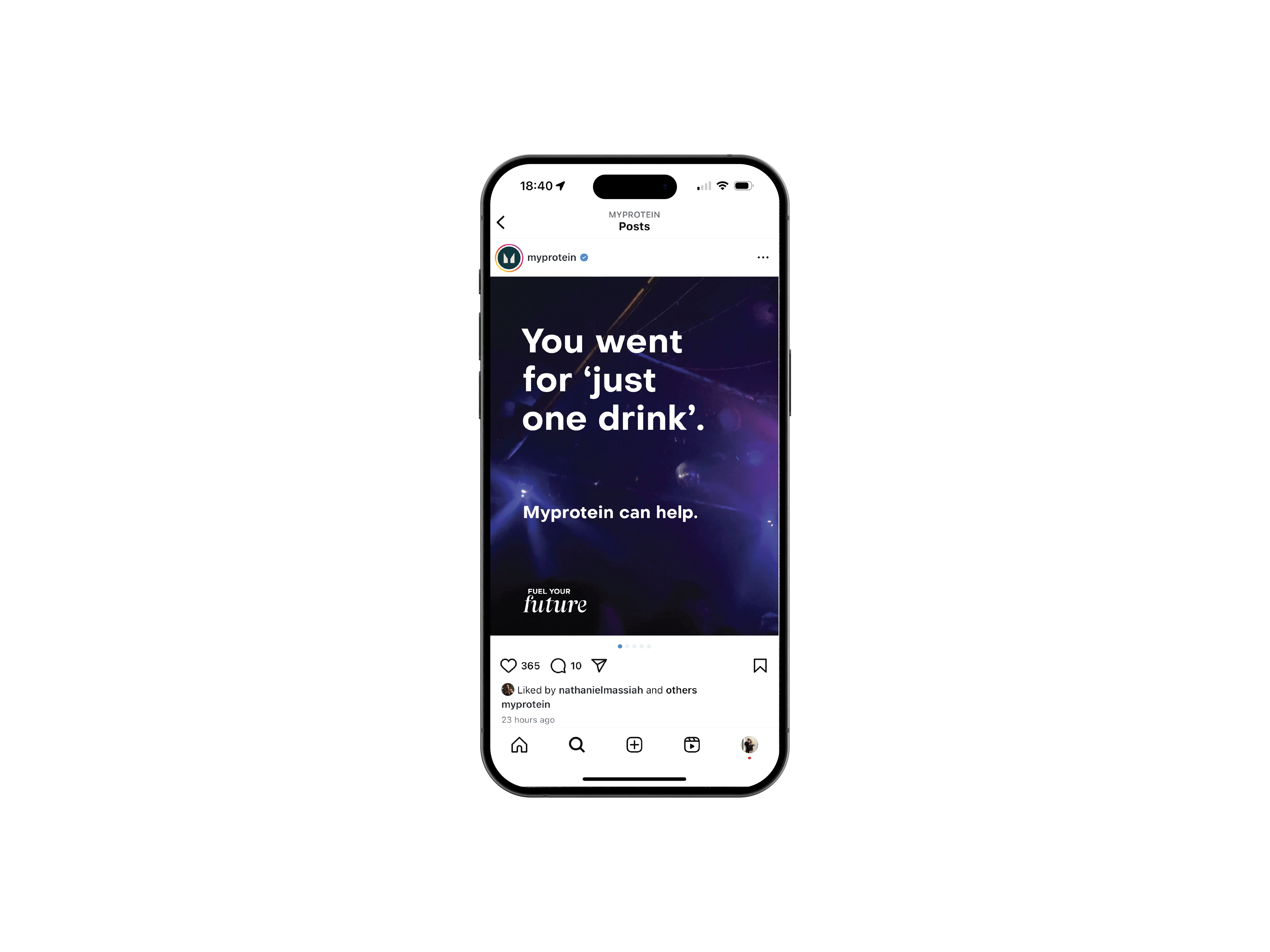 Conceptual Fuel Your Future design shown within a recreated Myprotein Instagram feed
