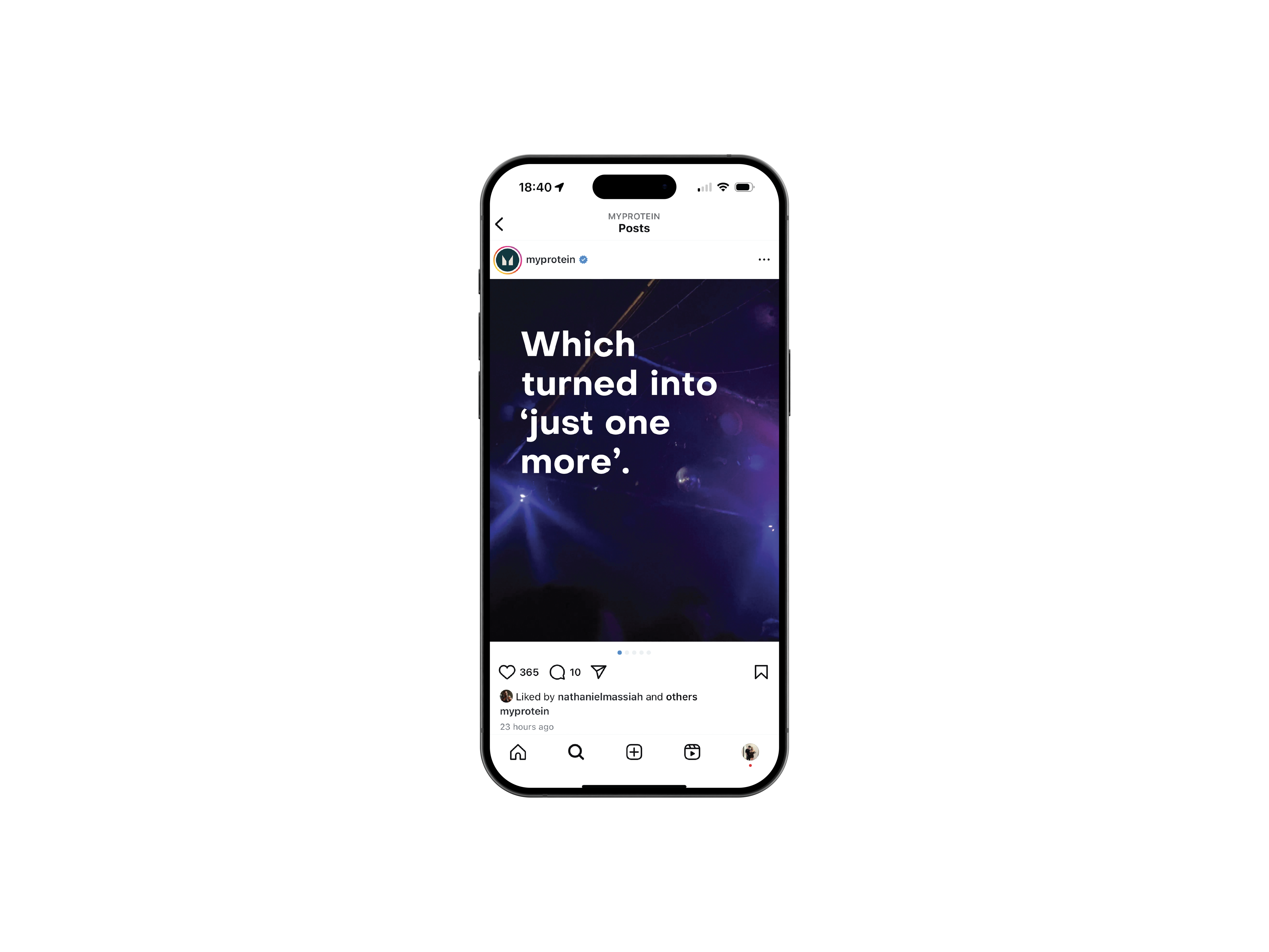 Conceptual second Fuel Your Future design shown within a recreated Myprotein Instagram feed