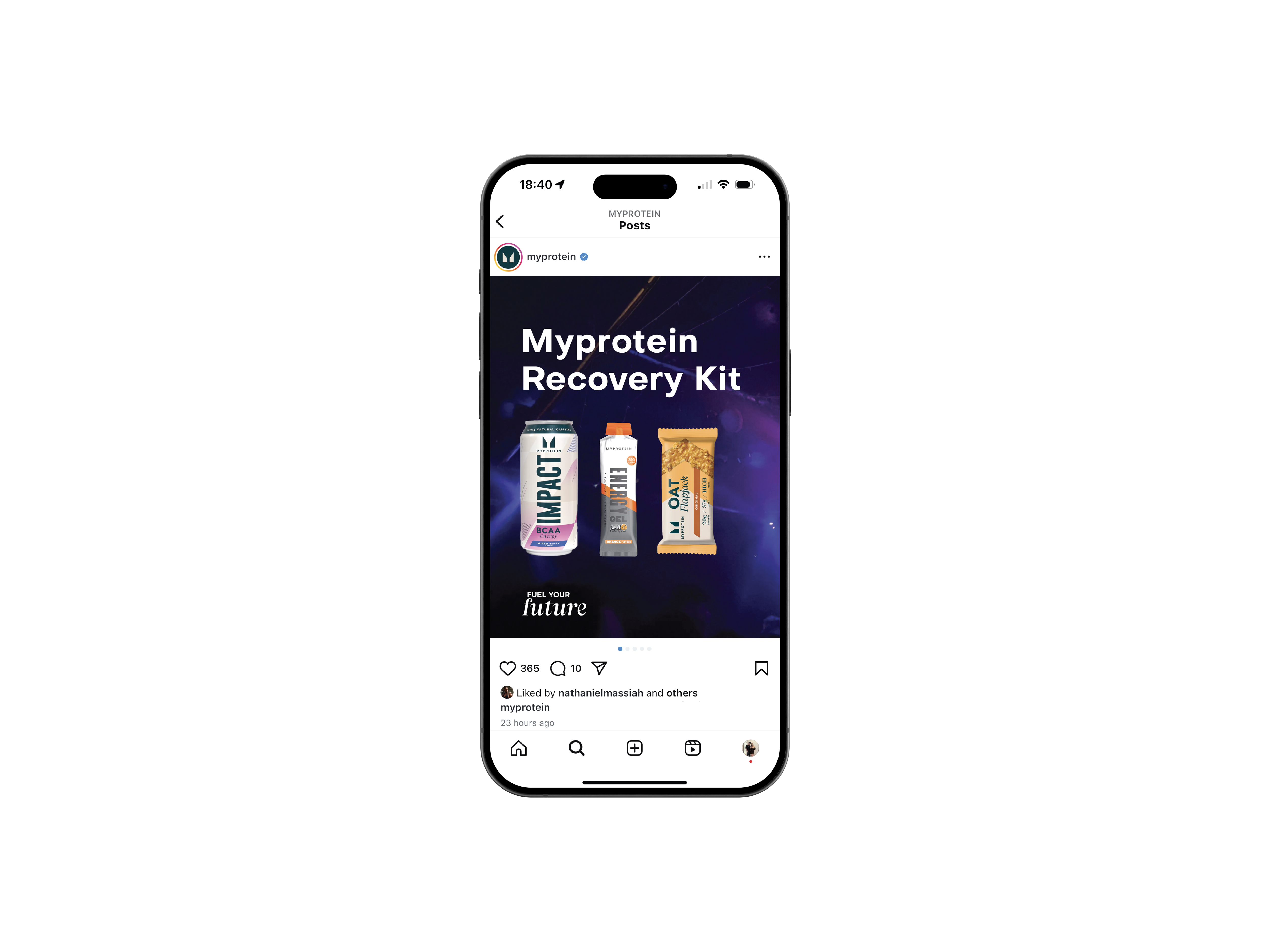 Conceptual final Fuel Your Future design shown within a recreated Myprotein Instagram feed