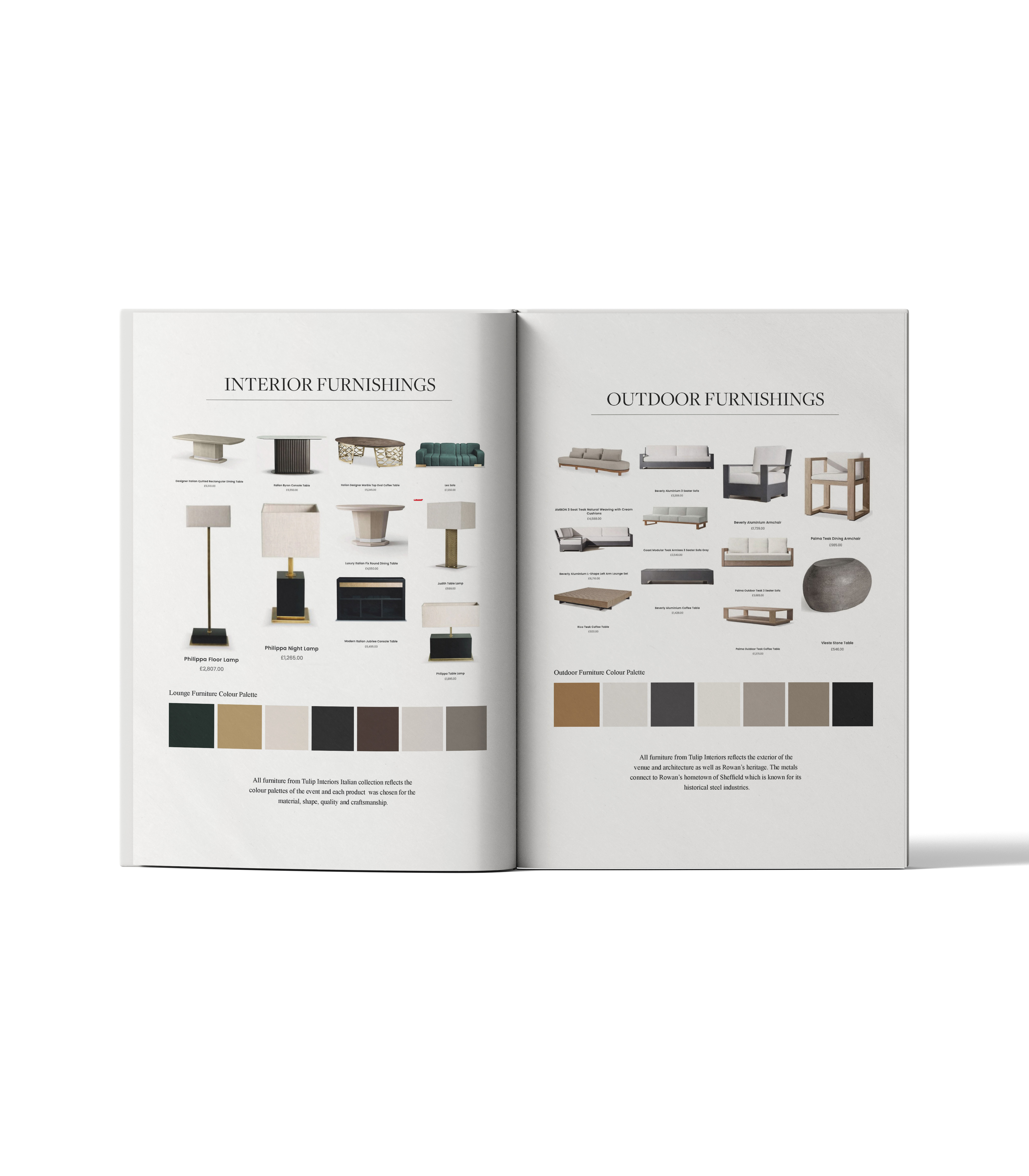 Conceptual event furnishings presented within the brand book