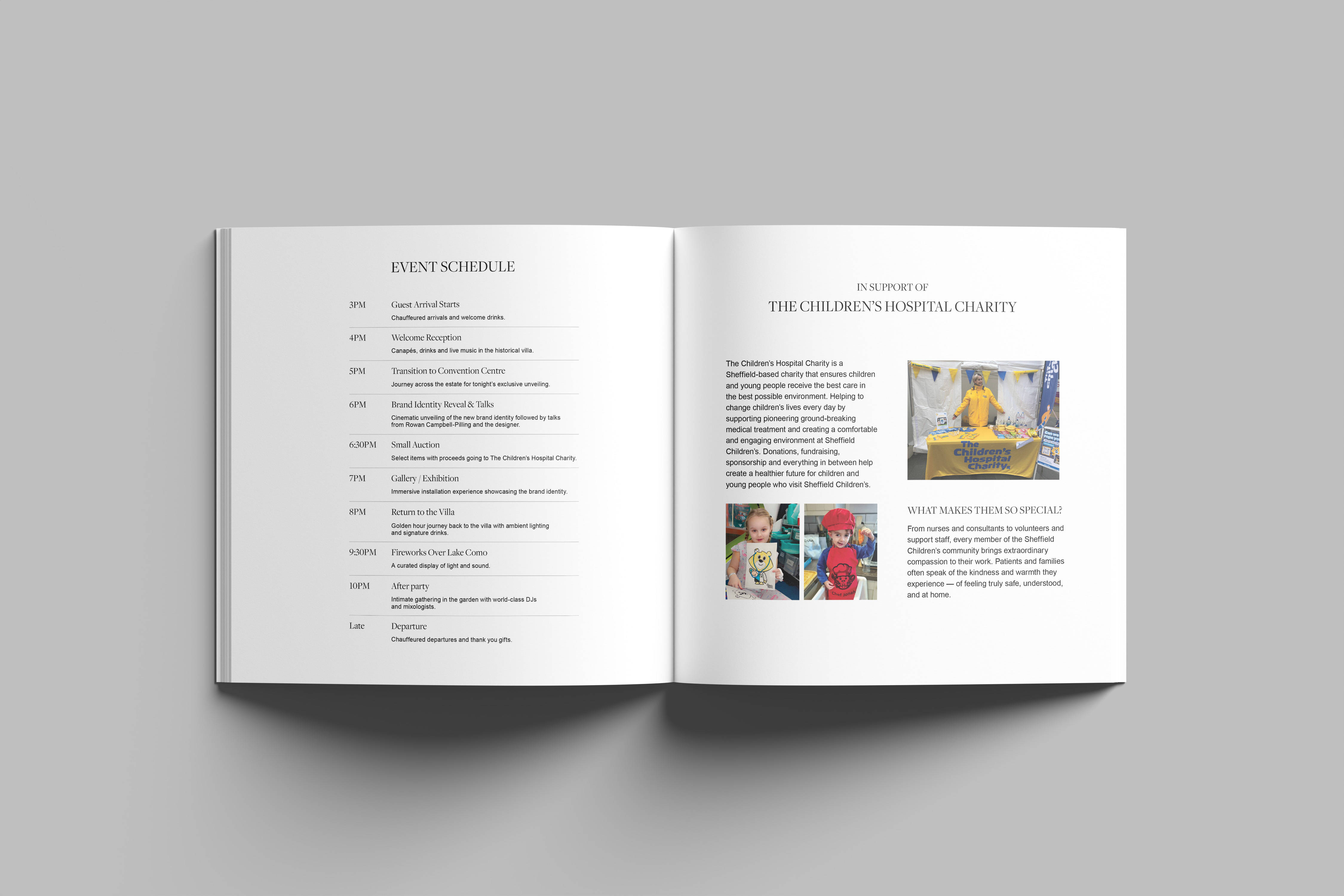 Conceptual event brochure showing the schedule and Sheffield Children’s Hospital Charity