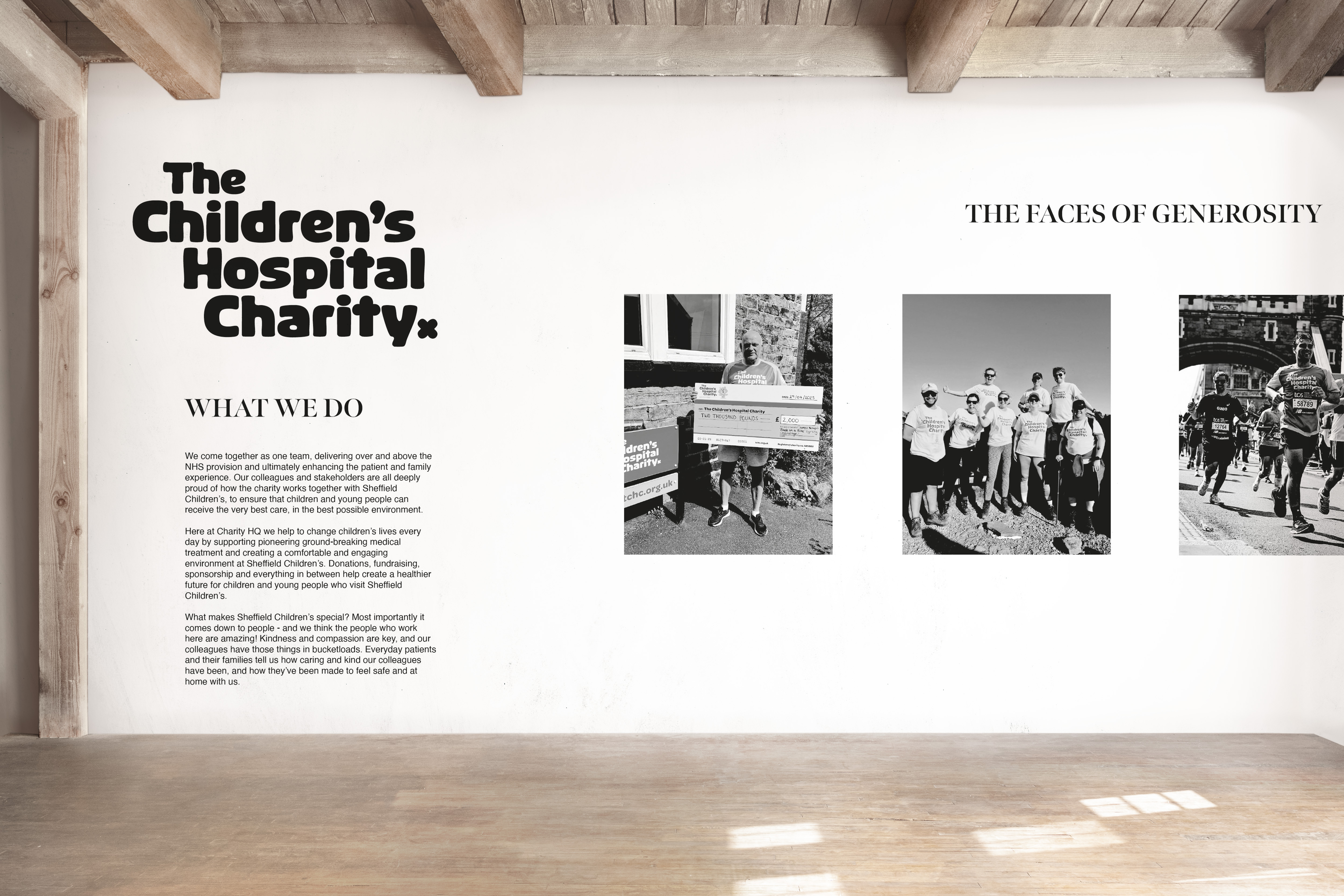 Conceptual exhibition wall presenting Sheffield Children’s Hospital Charity