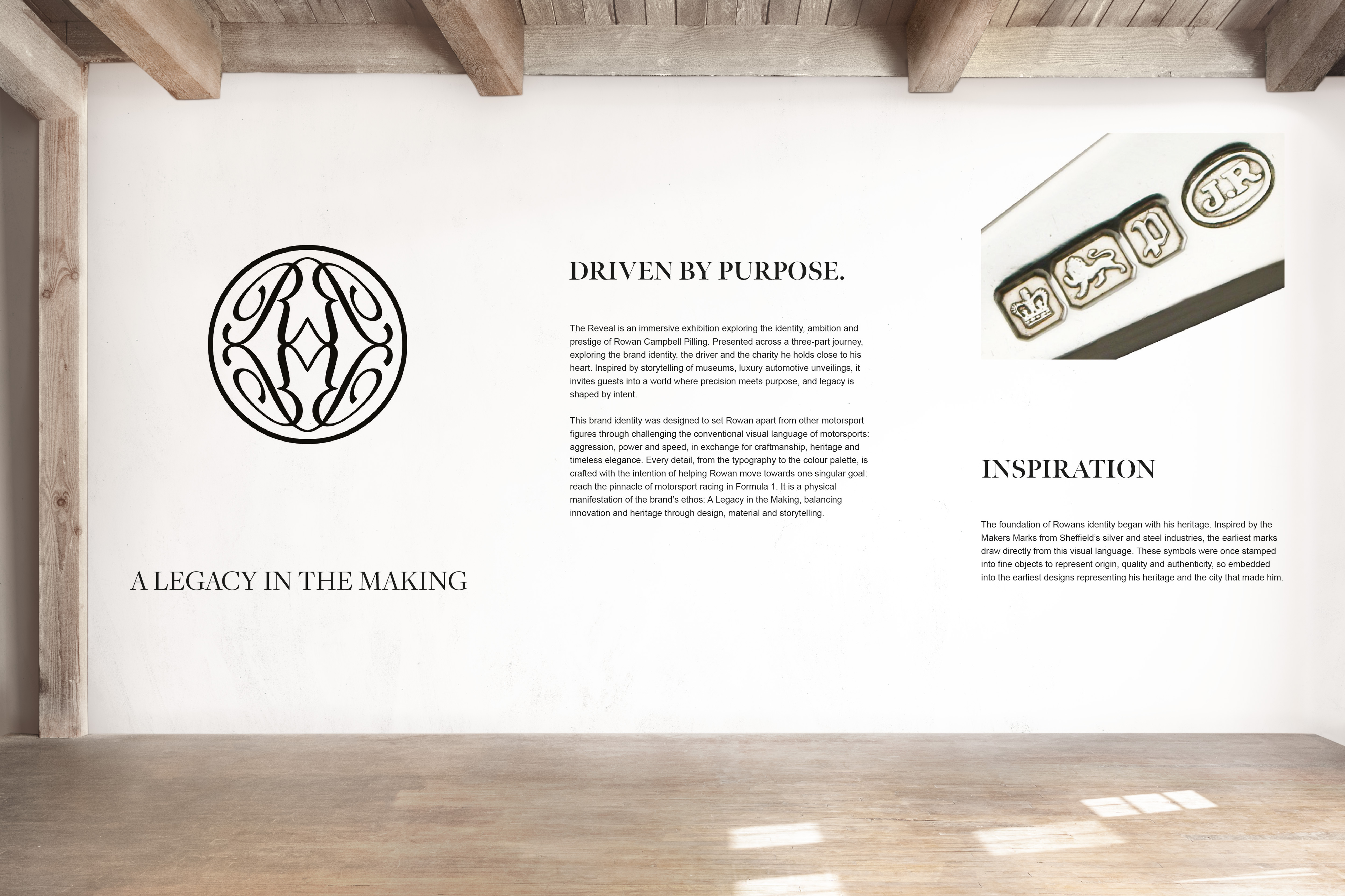 Conceptual exhibition wall showing the monogram and its Sheffield makers mark inspiration