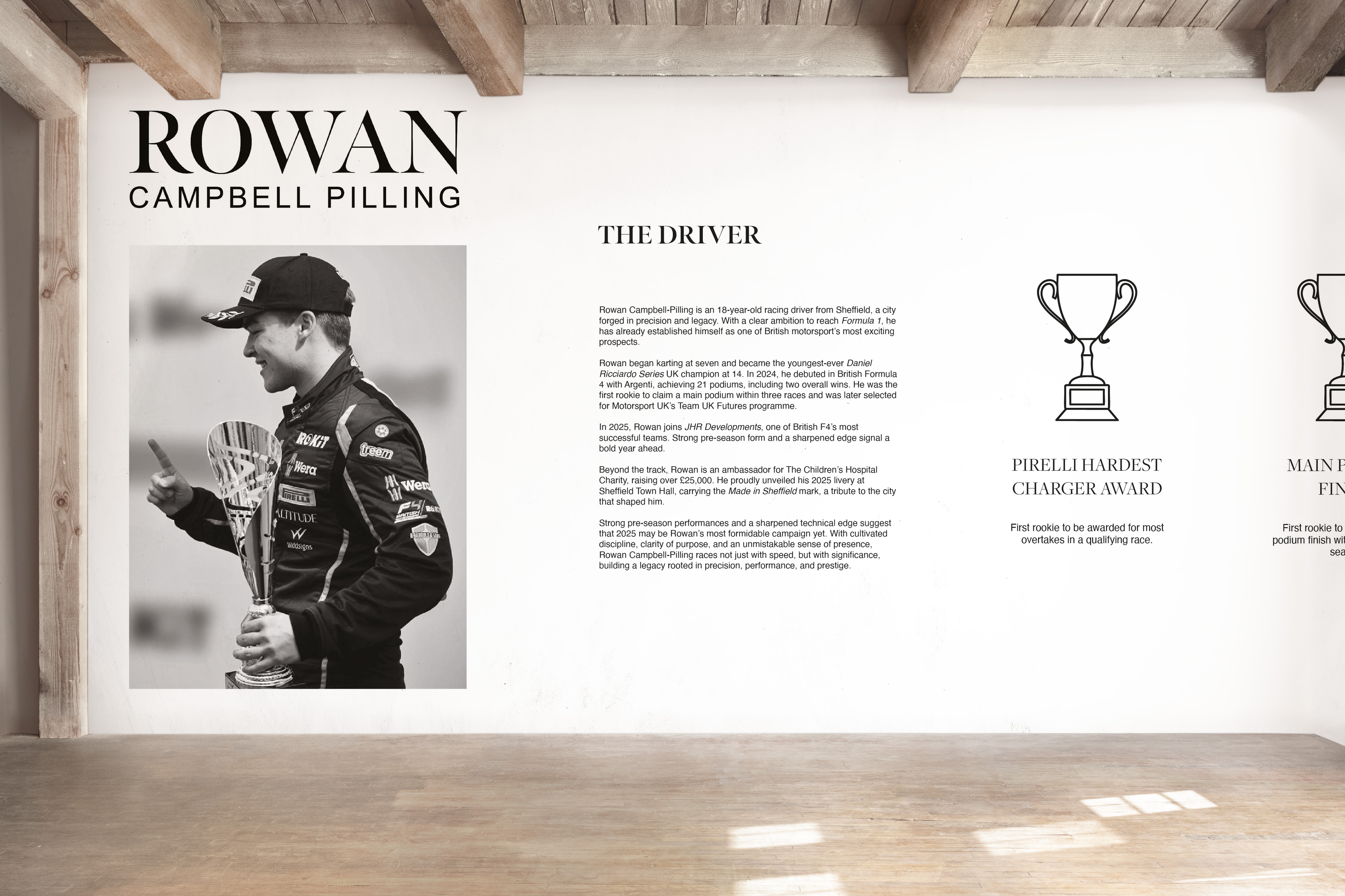 Conceptual exhibition wall introducing Rowan Campbell-Pilling and his racing achievements