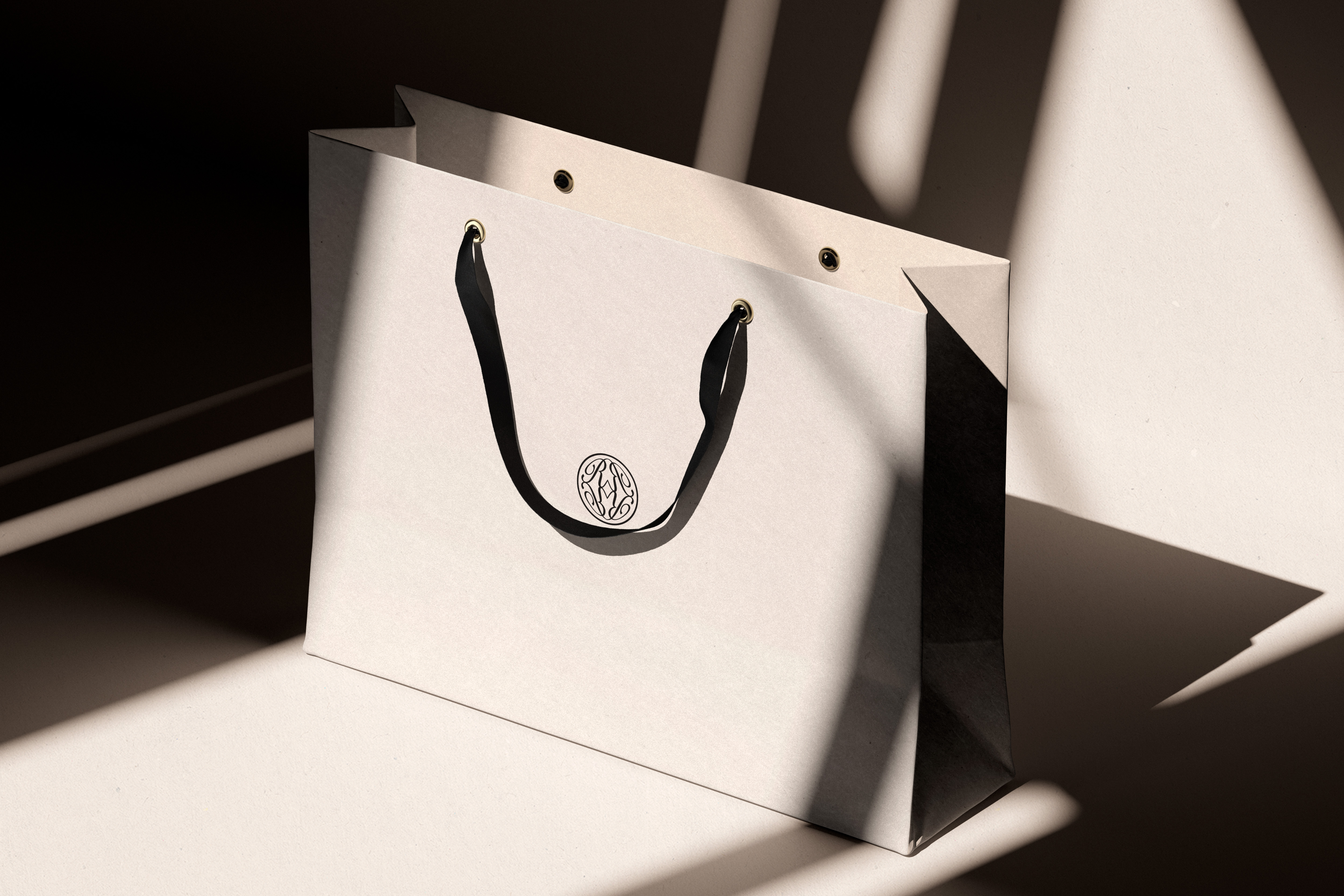 Conceptual gift bag featuring the Rowan Campbell-Pilling monogram