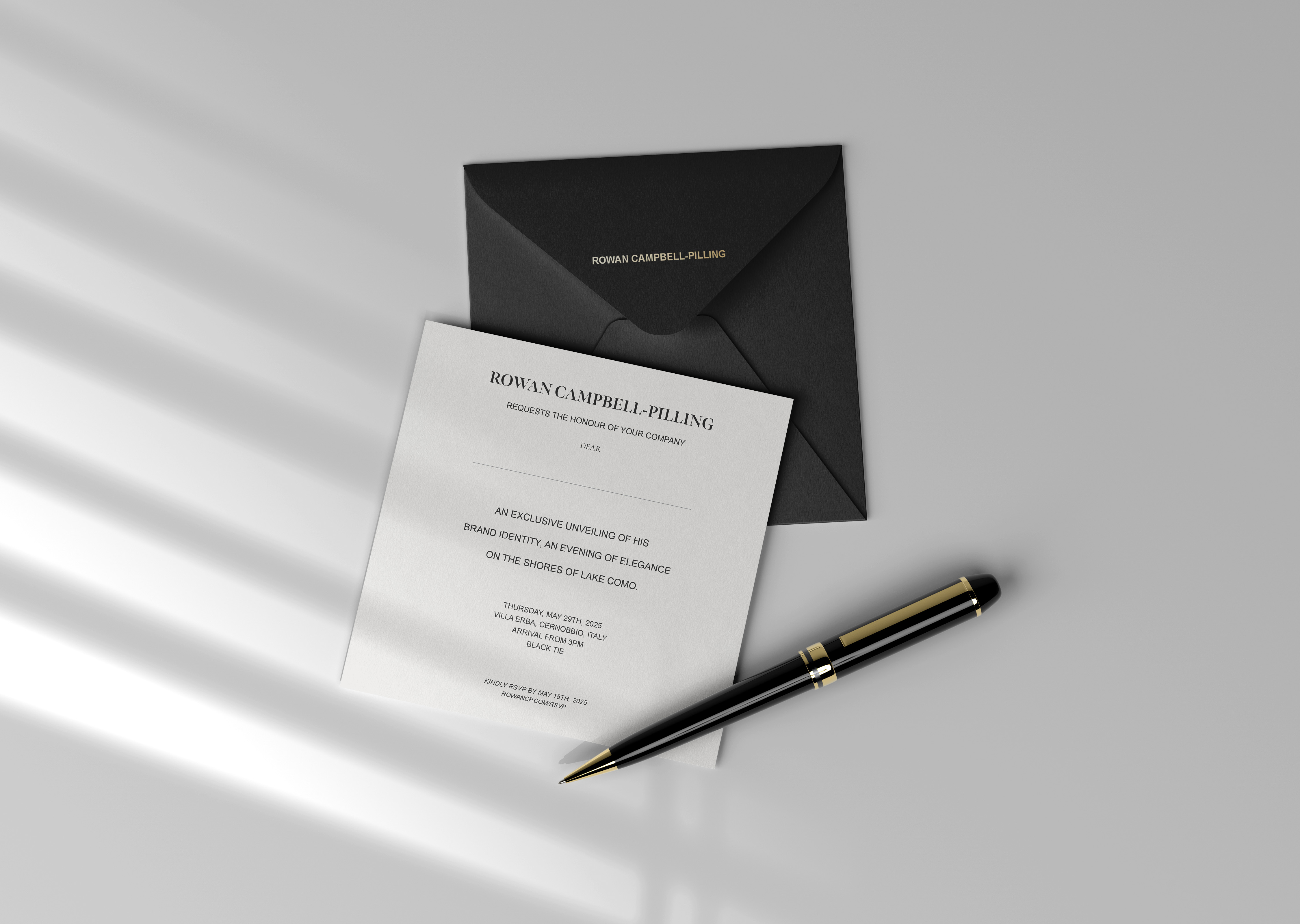 Conceptual Rowan Campbell-Pilling brand reveal invitation and envelope