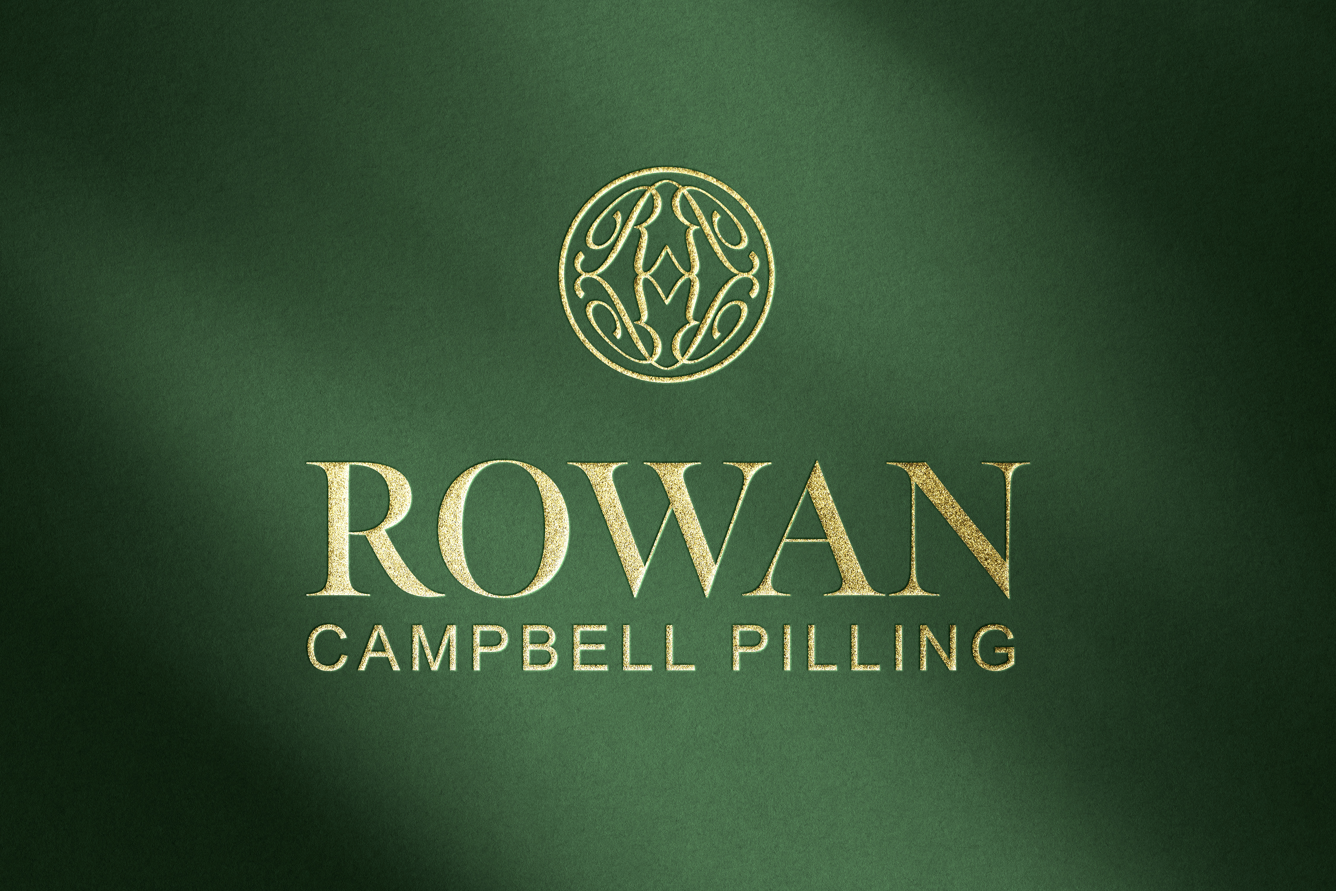 Rowan Campbell-Pilling monogram and wordmark presented in gold on British racing green
