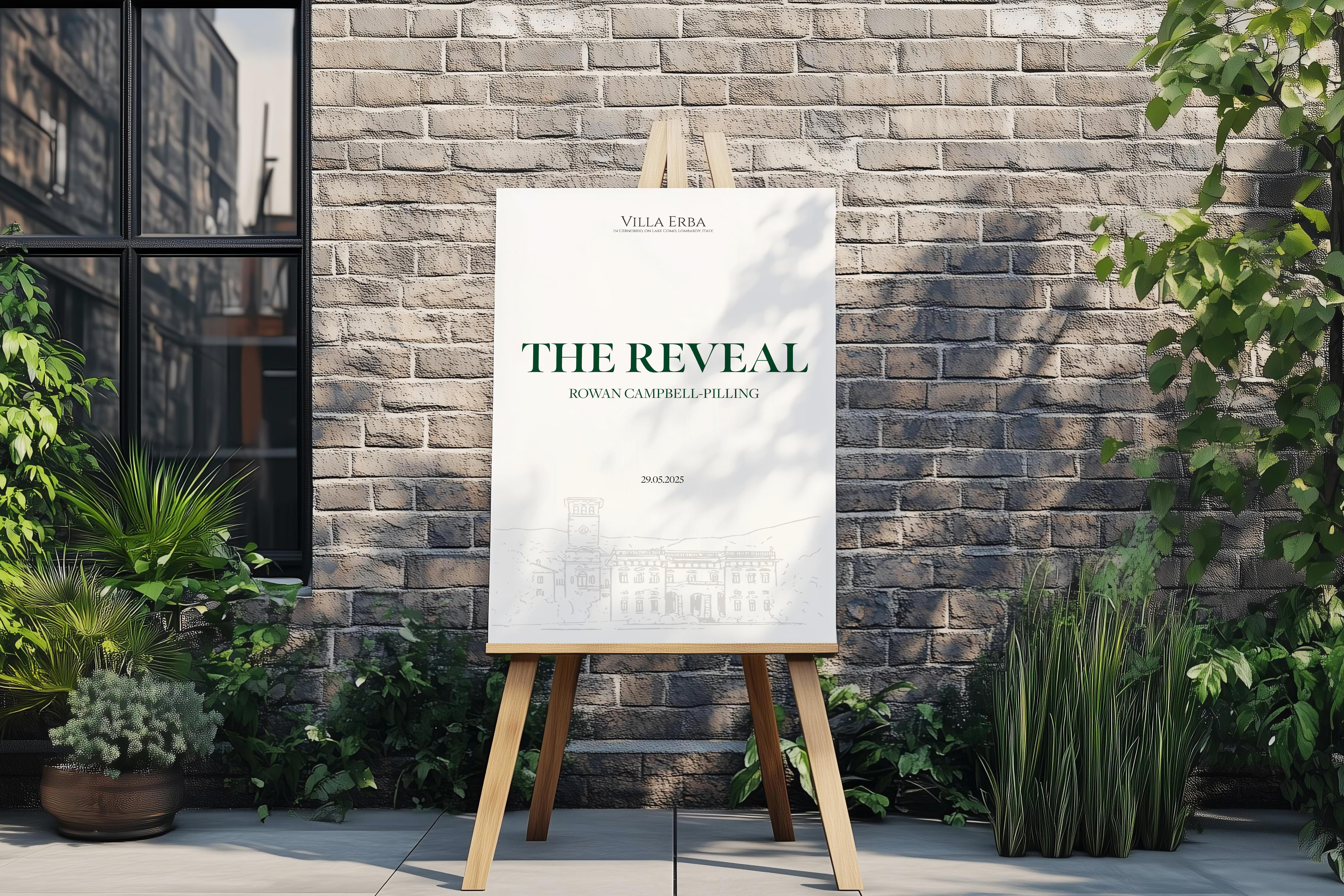 Conceptual Rowan Campbell-Pilling reveal event sign on an outdoor easel