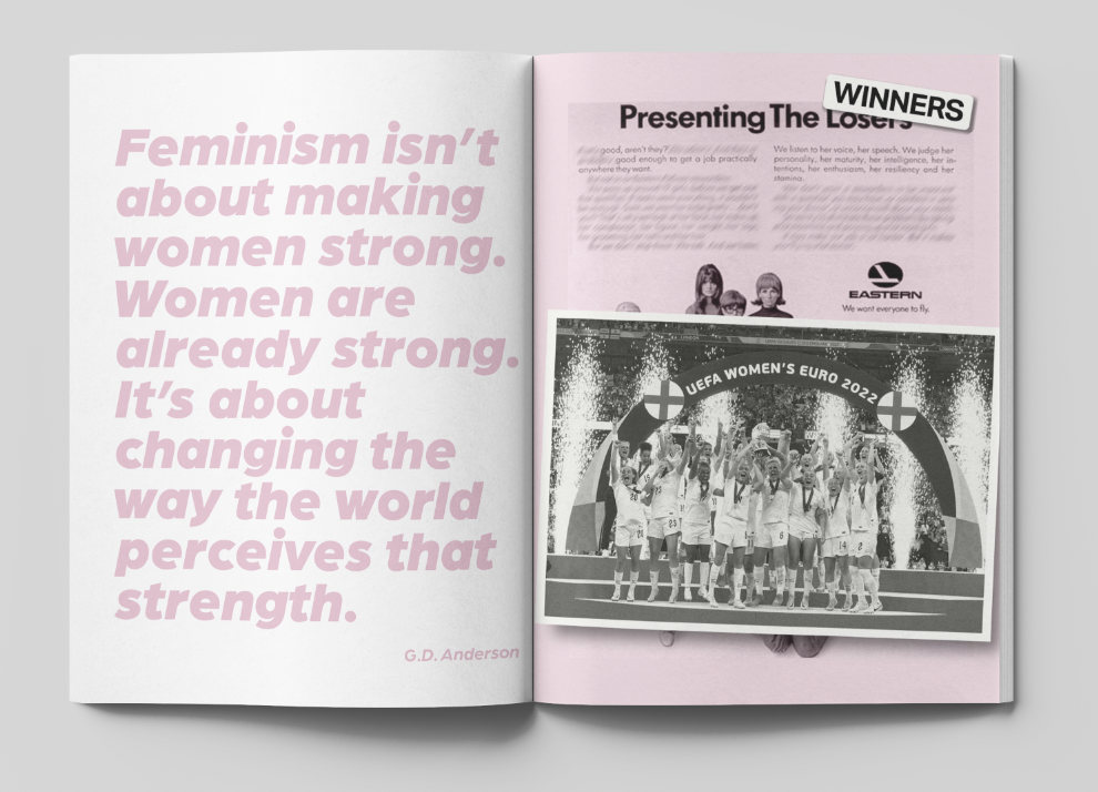 Recontextualised historical advertisement reframed around women as winners