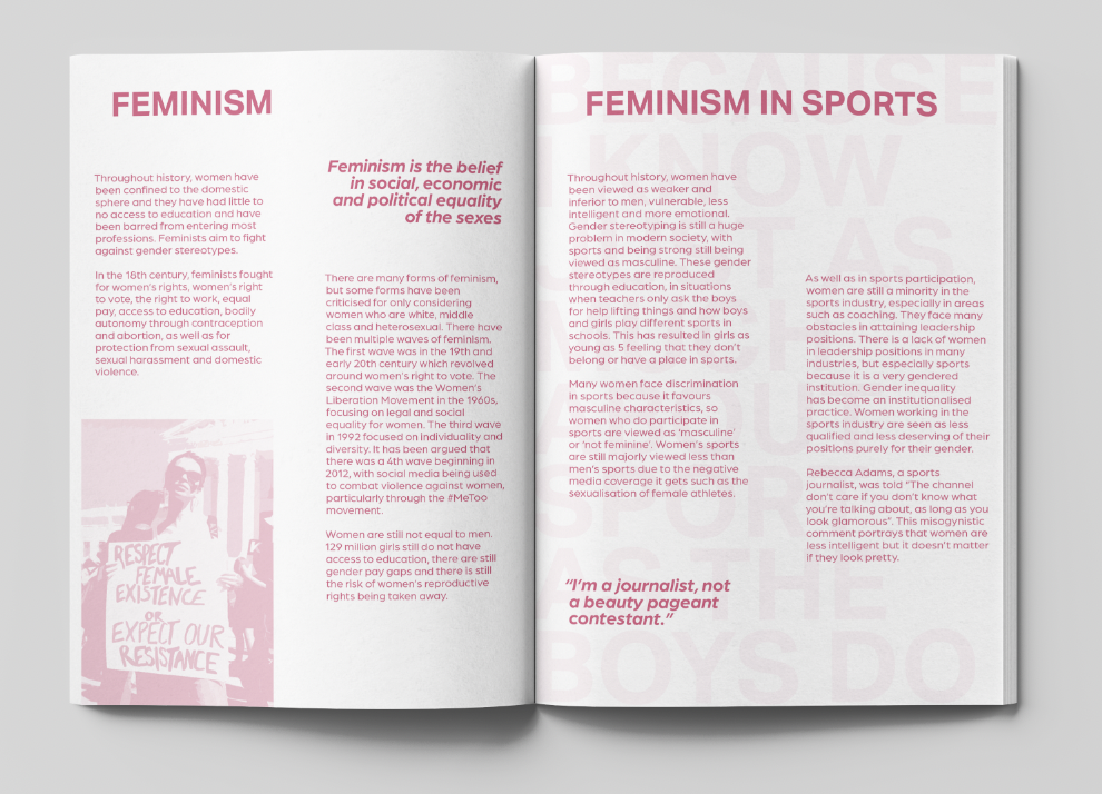 Milestones publication spread exploring feminism