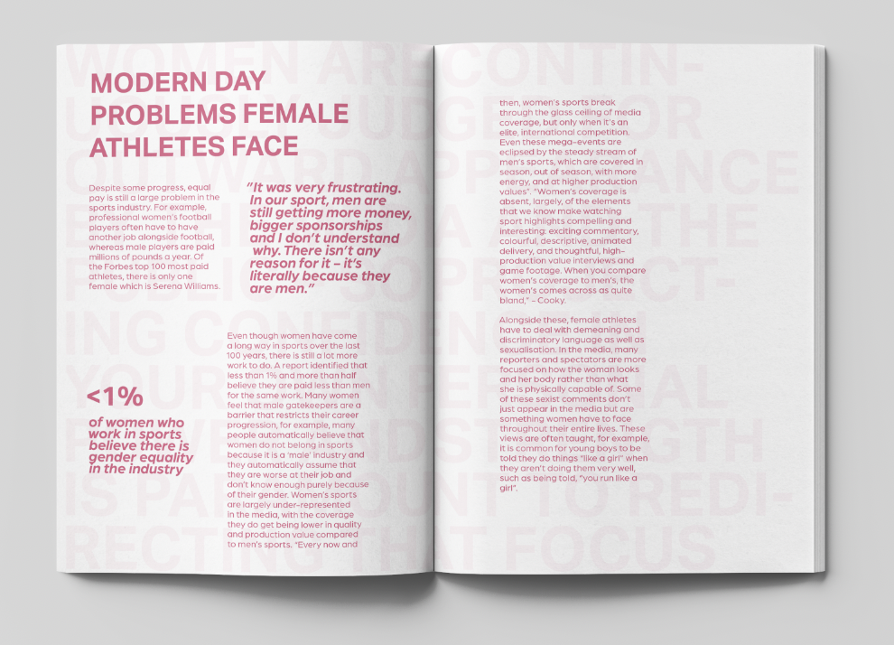 Milestones publication spread exploring modern problems faced by women in sport